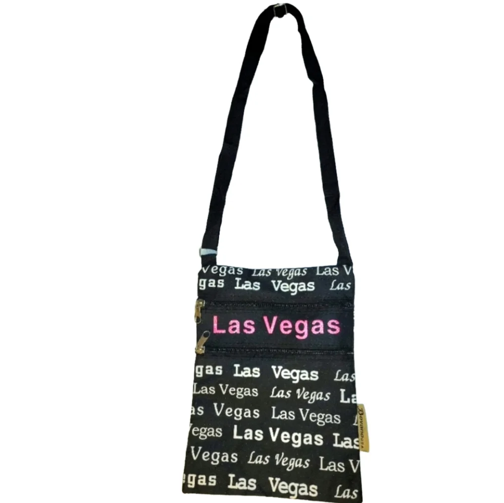 Las Vegas Crossbody Black & White with Pink Glitter 2 Front Zip Pockets NWOT